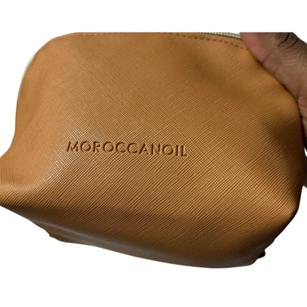 Moroccanoil Tan Faux Leather Dome Cosmetic Makeup Bag Turquoise Lining Zipper